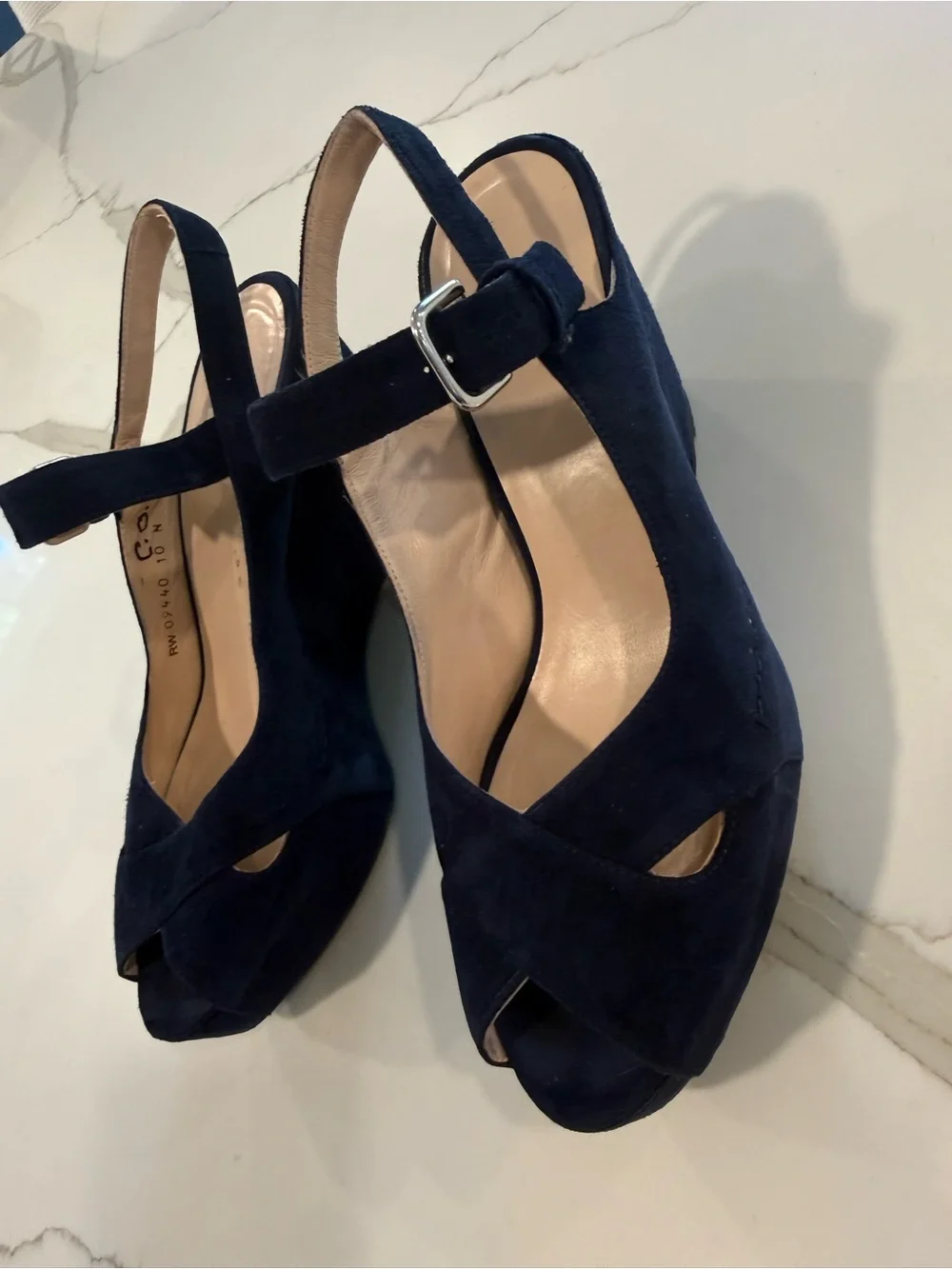 Stuart Weitzman Women’s Navy Suede Wedge Peep Toe Sandals with Ankle Strap 10